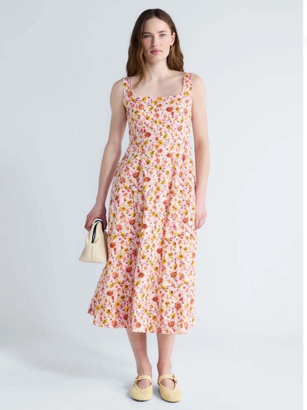 Square-Neck Floral Midi Dress in Pink